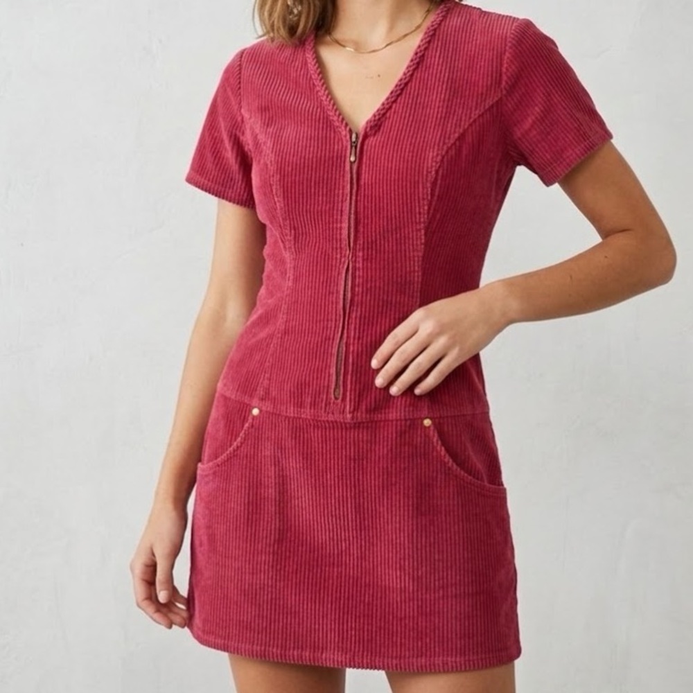 Vintage 90s Joni Blair Red Corduroy Mini Shirt Dress 10